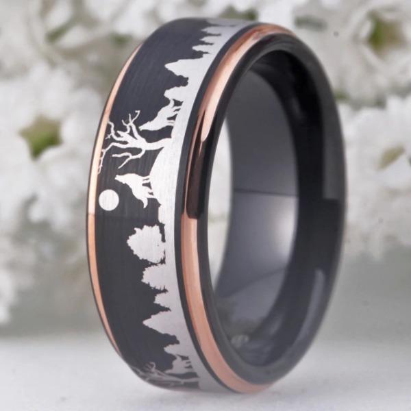 Tungsten Black With Rose Gold Forest Wolves Ring