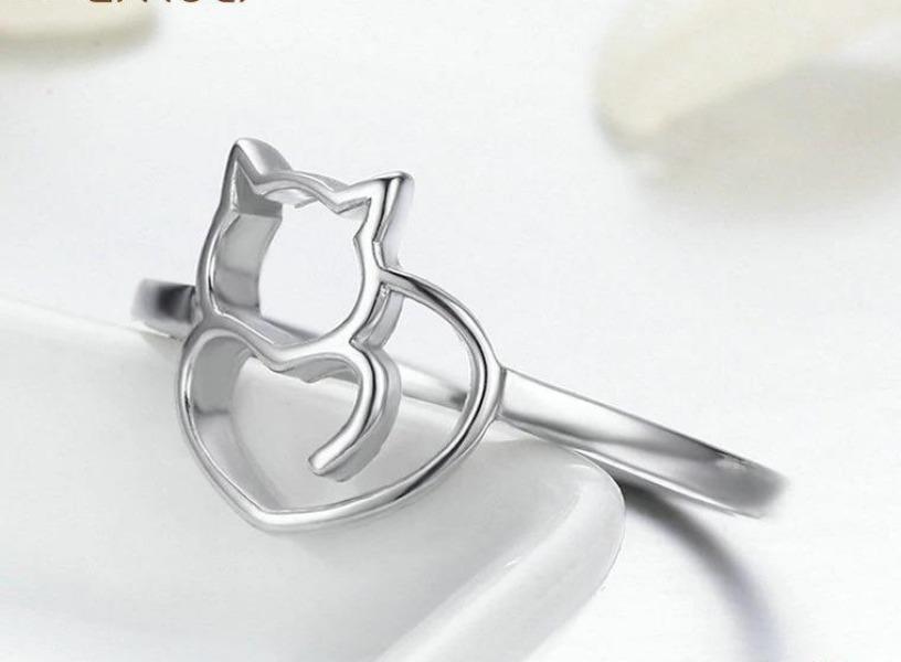 Silver Cat & Heart Engagement Ring