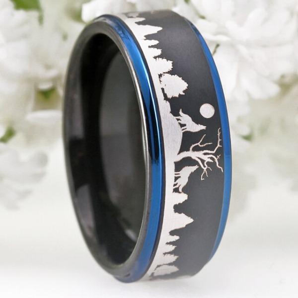 Black with Blue Tungsten Forest Wolves Ring