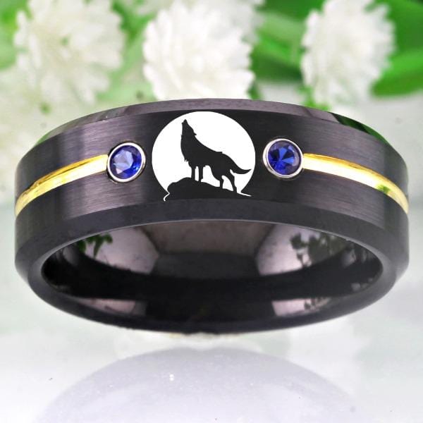 Tungsten Blue Bejewelled Wolf Ring