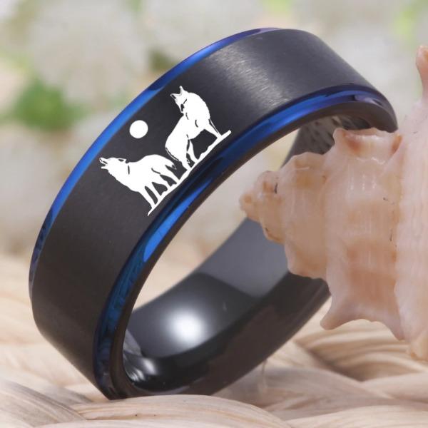 Blue and Black Tungsten Wolf Ring
