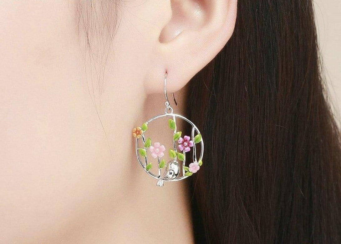 Silver Forest Bird Earrings