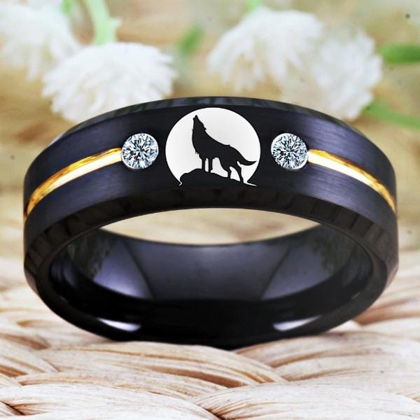 Tungsten White Bejewelled Wolf Ring