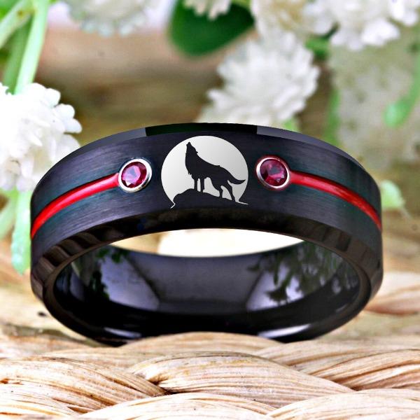 Red Tungsten Bejewelled Wolf Ring