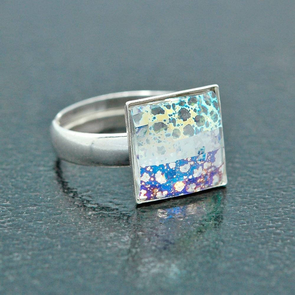 Chessboard Silver Adjustable Ring with White Patina Swarovski Crystal