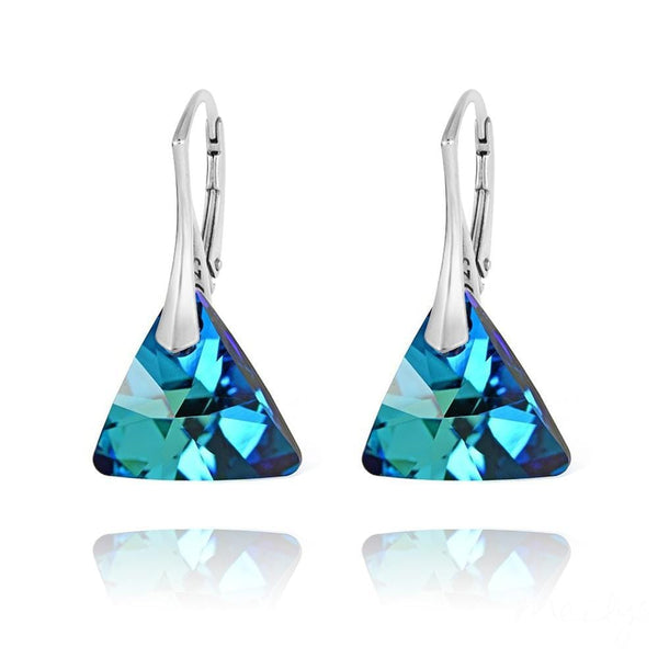Swarovski Crystal - Bermuda Blue Leverback Triangle Silver Earrings