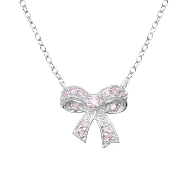 Silver Bow pink Necklace with Cubic Zirconia 