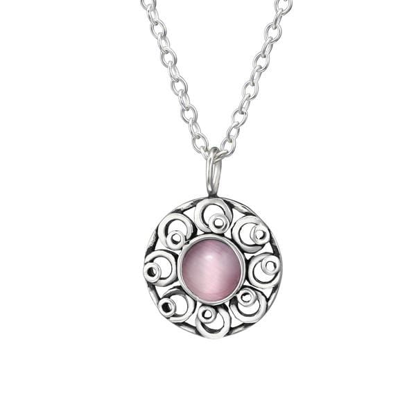 Silver Light Pink Cat Eye Flower Necklace 