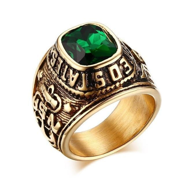 Mens Gold And Green Gemstone US Navy Style Ring