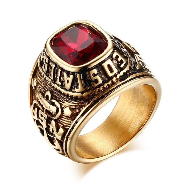 Mens Gold And Red Gemstone US Navy Style Ring