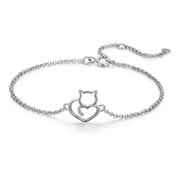 Sterling Silver Cat And Heart  Bangle  Bracelet