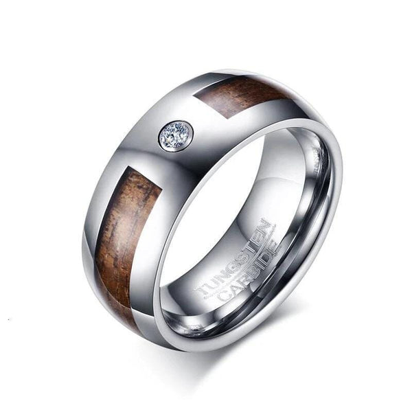 Wood inlay tungsten carbide ring with CZ