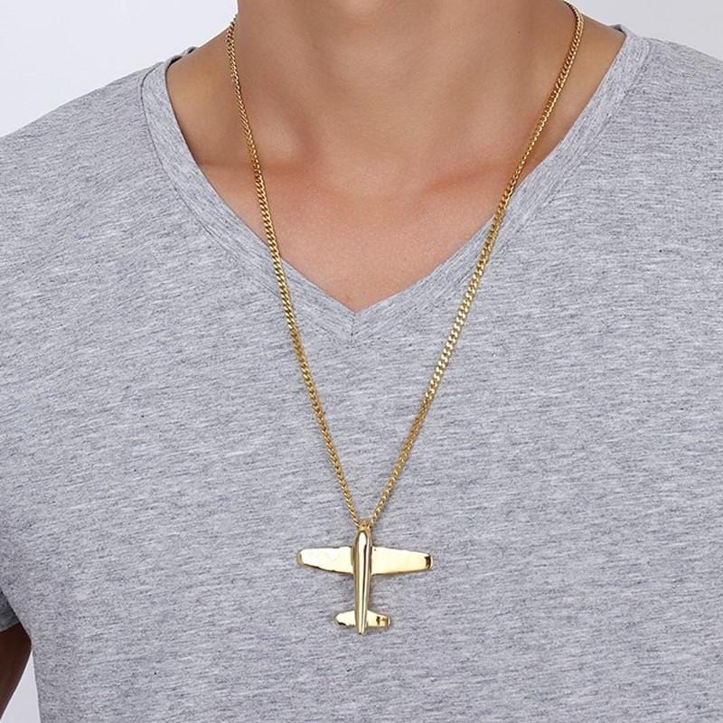 Men's Stainless Steel Aircraft Airplane  Pendant Necklace Gold