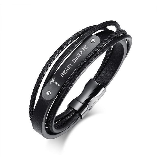 Black Leather Medical Alert ID Bracelet For Men – Stainless Steel, Magnetic Clasp, Custom Engraving