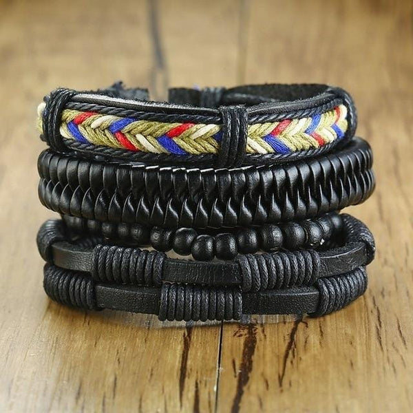 Black Genuine Leather Bracelet Set