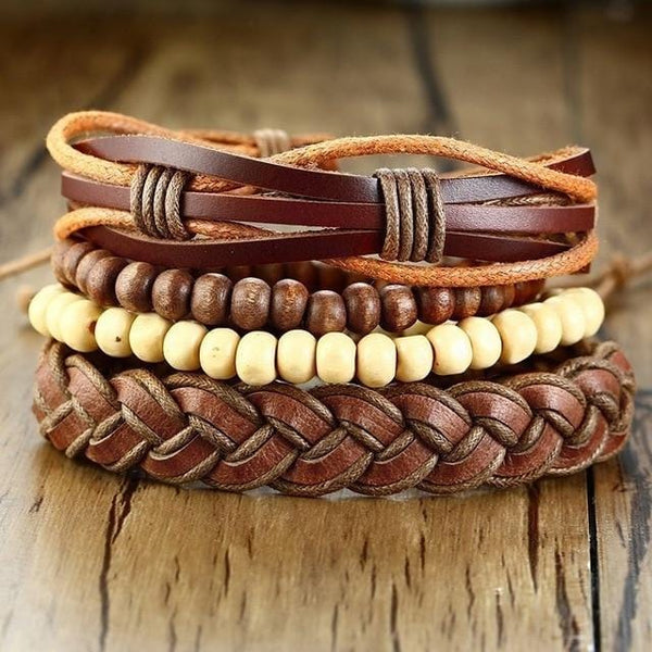 4 Pcs Brown Leather Bracelet Set