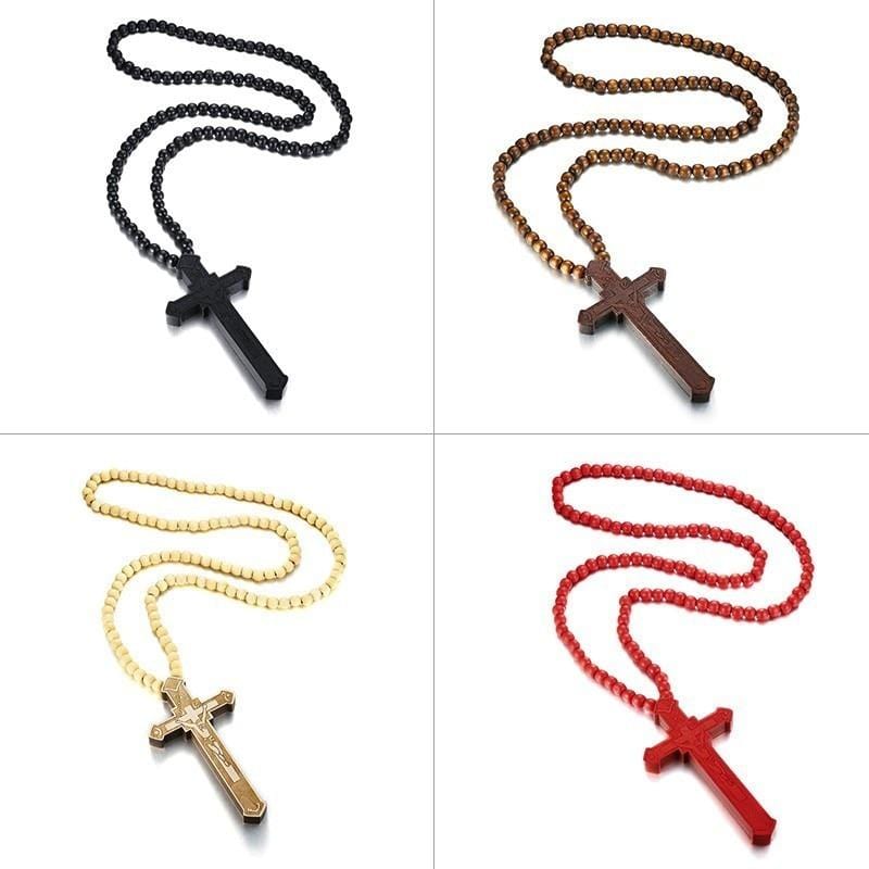 Catholic Jesus Cross Wood Pendant Necklace  for Men