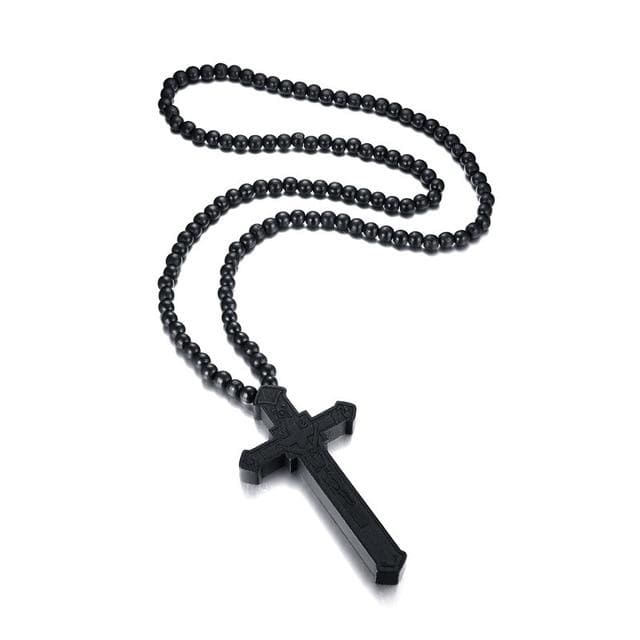Catholic Jesus Cross Black Wood Pendant Necklace  for Men