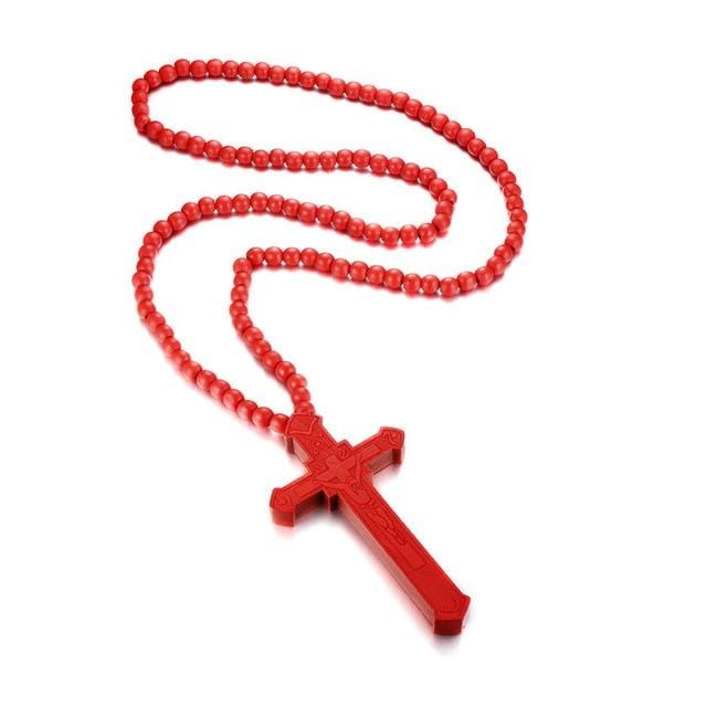 Catholic Jesus Cross Wood Red Pendant Necklace  for Men