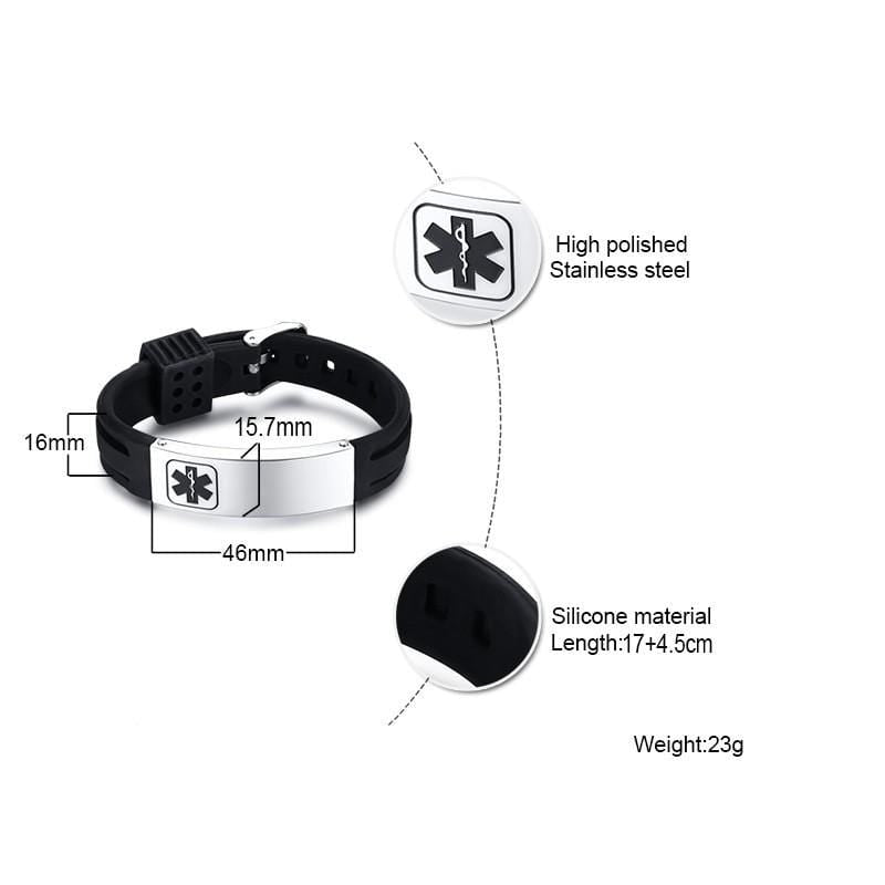 Medical  Custom Engraved Silicone Adjustable Alert Bracelet