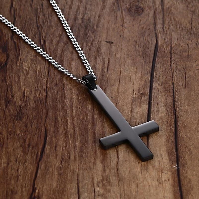 Stainless Steel Inverted Cross Black Necklace