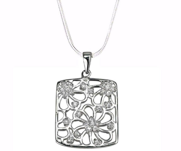 Silver FLOWER RECTANGLE  Pendant Necklace